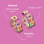 Brinco Argola Feminino Elo com Zircônias Coloridas e banho de ouro, elegância e alegria com bolsa de veludo - Imagem 2