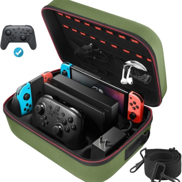 COOWPS Switch Case: proteção total e espaço para console, controles e 18 jogos. Ideal para transportar seu Nintendo Switch com segurança.