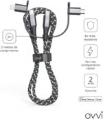 Cabo 3 em 1 Ovvi Grafite: versatilidade, durabilidade e 2m de alcance para carregar iPhone, Android e mais. - Imagem 2
