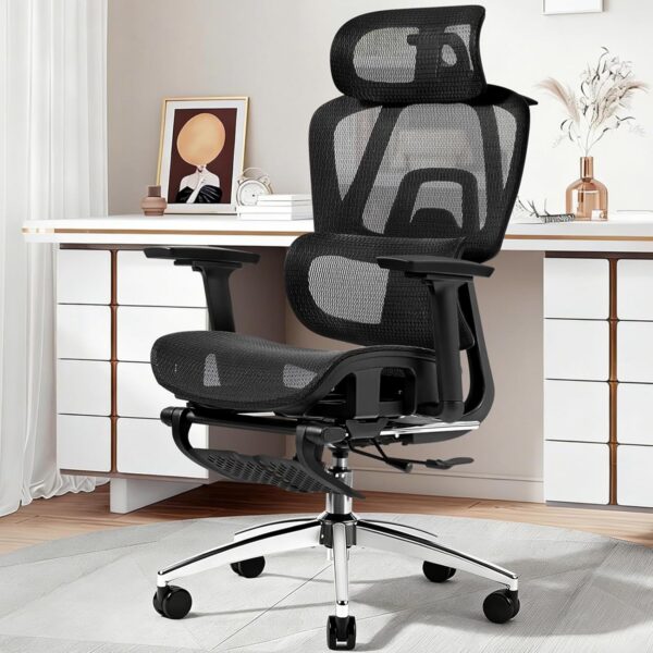 Cadeira Ergonômica FivDaily L780: reclinável 145°, apoio lombar, cabeceira 8D e apoio para pés para home office.