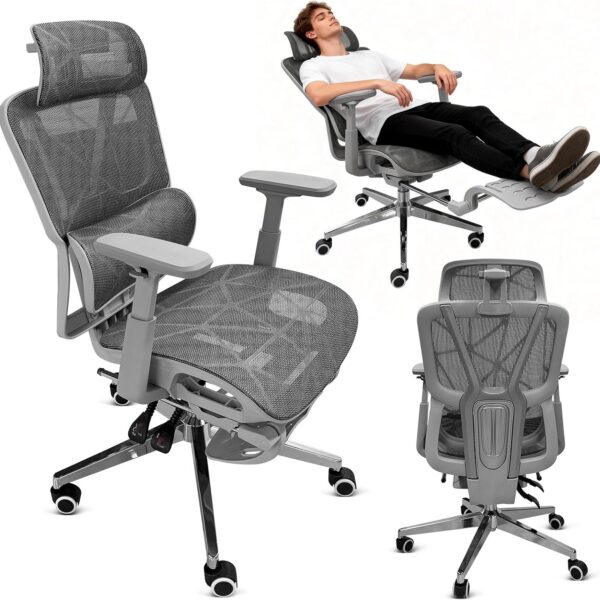 Cadeira Ergonômica Mesh Cinza com apoio 3D, braços 4D e descanso para os pés: conforto e suporte para trabalhar ou jogar.