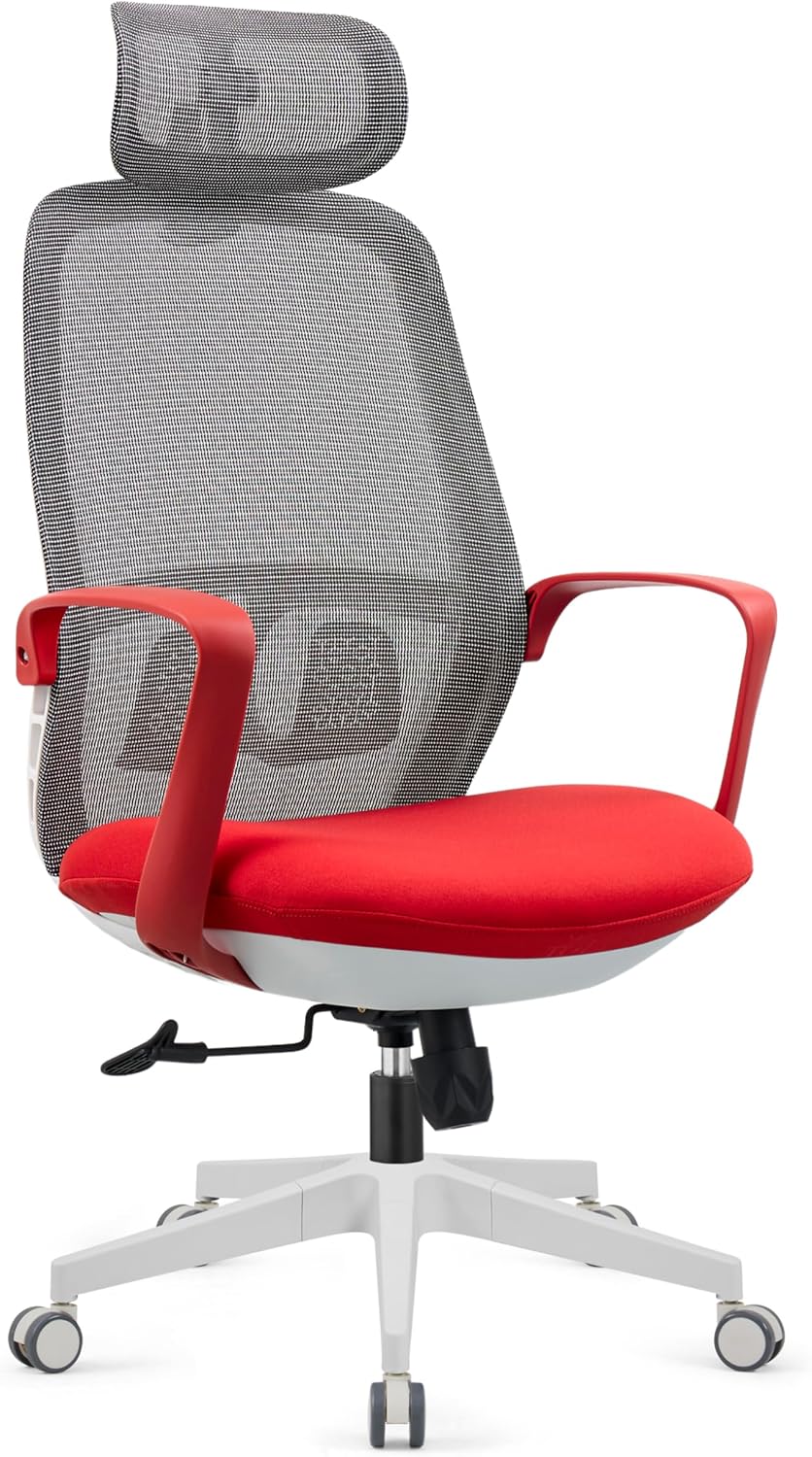 Cadeira Ergonômica com Apoio de Cabeça e Lombar, Encosto Alto Cadeira Ergonômica com Apoio de Cabeça e Lombar, Encosto Alto em Malha, 10cm de Conforto, Giratória e Ajustável, Vermelha