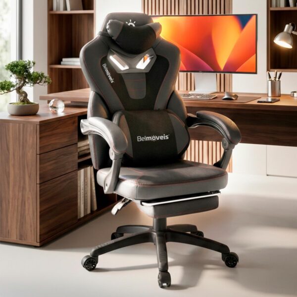 Cadeira Gamer Belmóveis BMG2 em couro sintético com molas ensacadas, massagem USB e apoio para os pés.