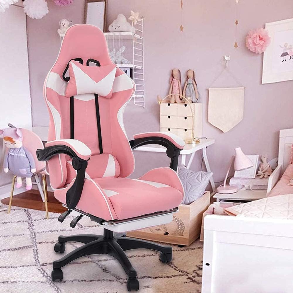 Cadeira Gamer Ergonômica Rosa Reclinável com Apoio de Pés e Cadeira Gamer Ergonômica Rosa Reclinável com Apoio de Pés e Conforto Ideal para Jogar