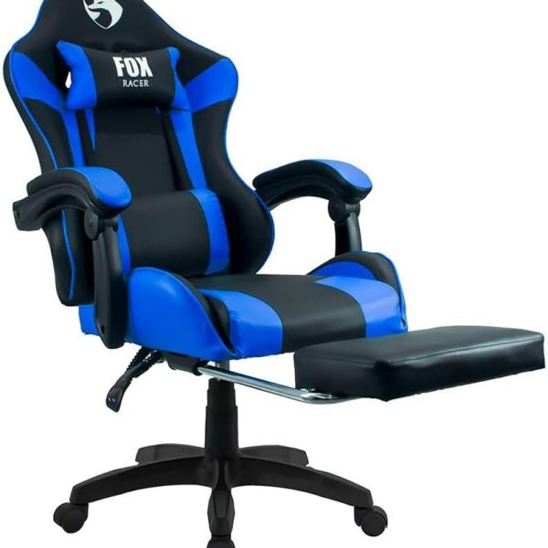Cadeira Gamer Fox Racer Zerda Azul com apoio de pés, conforto ergonômico e reclinação de até 135° para jogar com mais bem-estar.