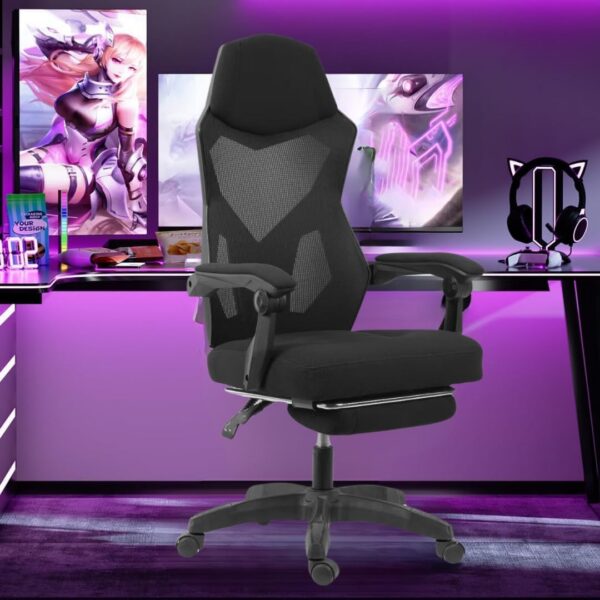 Cadeira Gamer Fox Racer com design ergonômico, tecido respirável e apoio para os pés para máximo conforto.