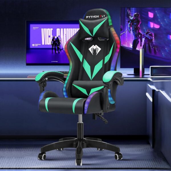Cadeira Gamer RGB Python Fly Verde: conforto ergonômico, encosto reclinável e iluminação decorativa para seu setup gamer e escritório