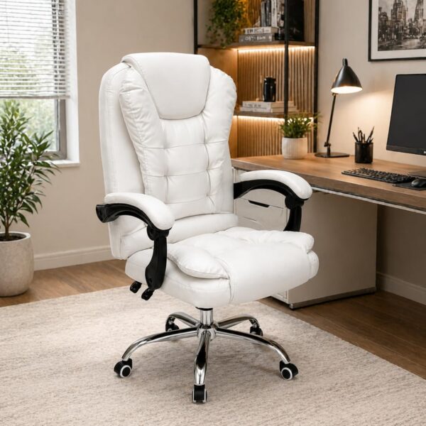 Cadeira Presidente Ergonômica Branca com pillow top, relax com trava e giro 360°: conforto e suporte para até 120 kg.