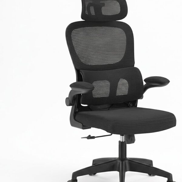 Cadeira de Escritório Ergonômica Mesh Preta: conforto, apoio lombar e cabeça para longas horas de trabalho.