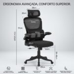 Cadeira de Escritório Ergonômica Mesh Preta: conforto, apoio lombar e cabeça para longas horas de trabalho. - Imagem 2