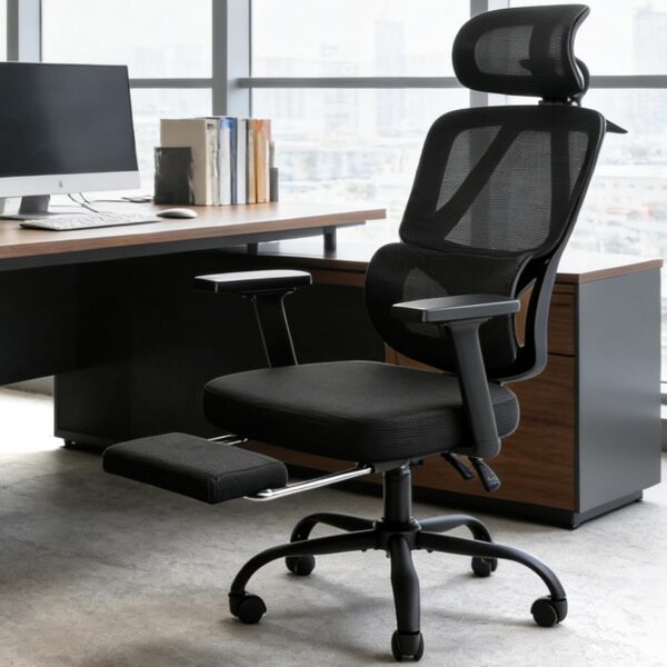 Cadeira de Escritório Ergonômica Reclinável 135° com apoio lombar, cabeceira 8D, braços 5D e apoio para pés retrátil.