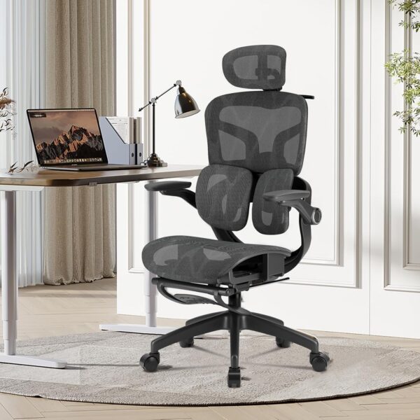 Cadeira de Escritório Ergonômica com apoio lombar duplo, conforto respirável e apoio para pés retrátil para home office e escritório
