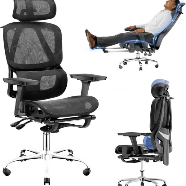 Cadeira de Escritório Ergonômica com apoio para os pés, reclinação 145° e suporte ajustável para máximo conforto no home office