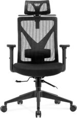 Cadeira de escritório MK-900 com assento estofado e encosto em tela mesh para mais conforto e ergonomia.