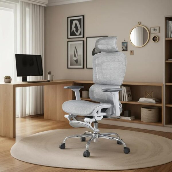 Cadeira de escritório Zeus Aljatec cinza: conforto ergonômico com suporte lombar e malha respirável para longas horas de uso.