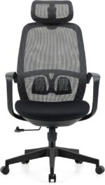 Cadeira de escritório ergonômica preta com encosto de cabeça, malha respirável, suporte lombar e altura ajustável para mais conforto.