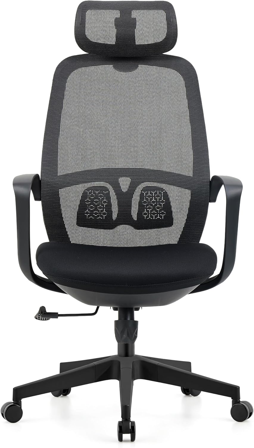 Cadeira de escritório ergonômica preta com encosto de cabeça, malha Cadeira de escritório ergonômica preta com encosto de cabeça, malha respirável, suporte lombar e altura ajustável para mais conforto.