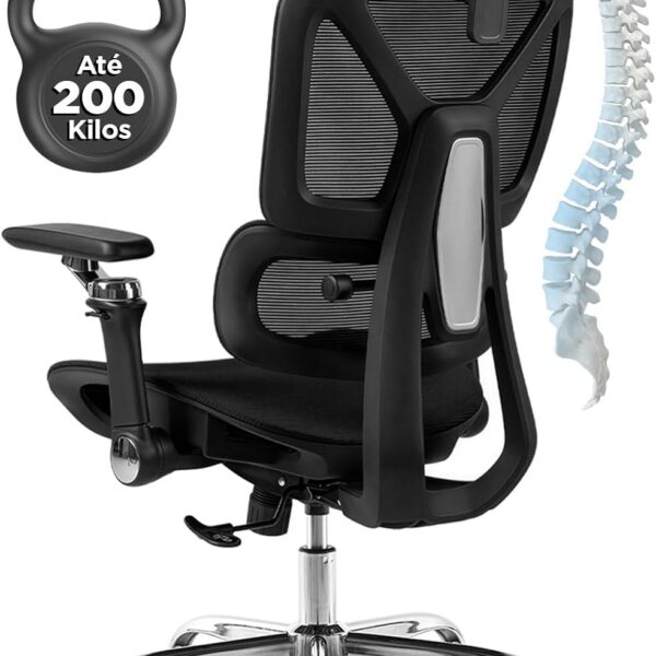 Cadeira ergonômica com apoio lombar e mesh respirável para escritório e home office, suporta até 200 kg