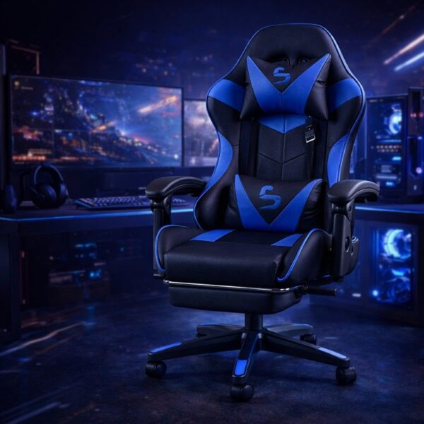 Cadeira gamer ergonômica reclinável com apoio para pés, conforto ideal e suporte lombar para jogar ou trabalhar com mais comodidade.