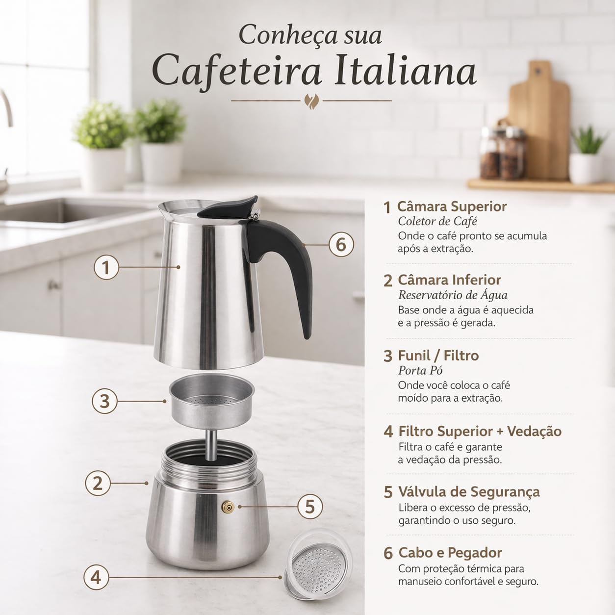 Cafeteira Italiana Expresso 300ml em Inox Para 6 Xícaras, Compatível Cafeteira Italiana Expresso 300ml em Inox Para 6 Xícaras, Compatível com Fogão Elétrico e a Gás. (Indução apenas com Disco Adaptador)