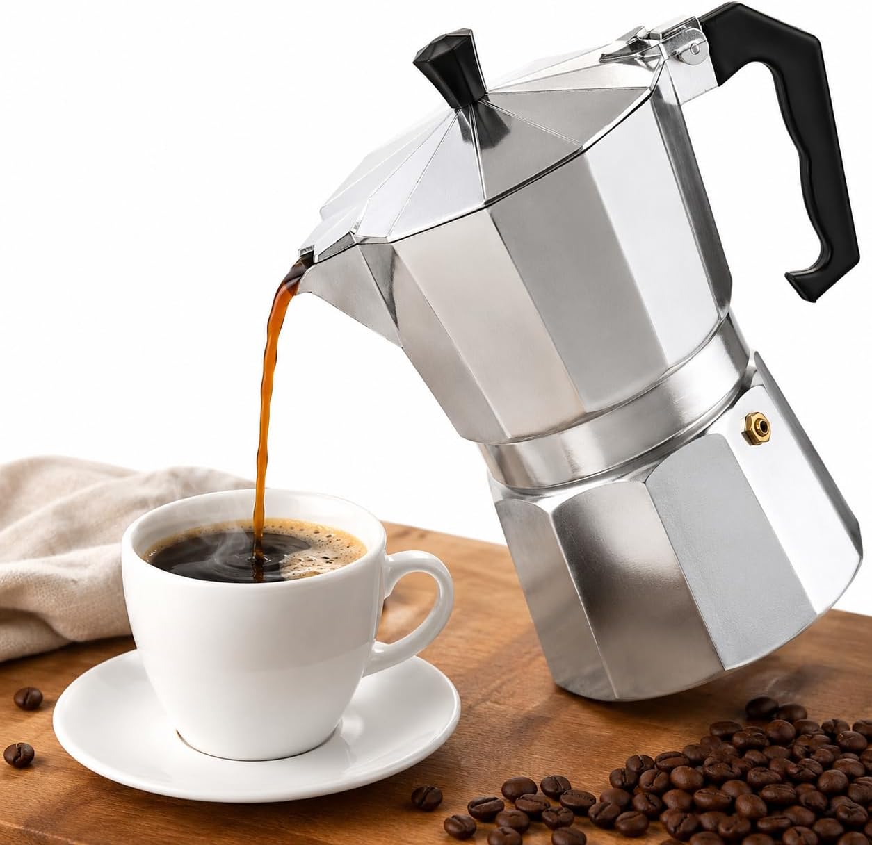 Cafeteira Italiana Moka de Alumínio 300ml para 6 Xícaras – Cafeteira Italiana Moka de Alumínio 300ml para 6 Xícaras – Cafeteira Expresso com Válvula de Pressão, Alça Antitérmica e Design Italiano Clássico, Prata