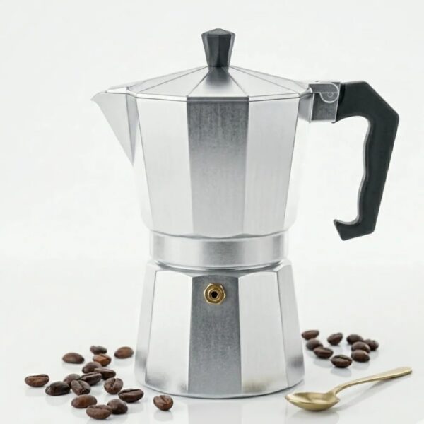 Cafeteira Italiana Premium em alumínio polido, café expresso autêntico, segura e compatível com gás, elétrico e vitrocerâmico.