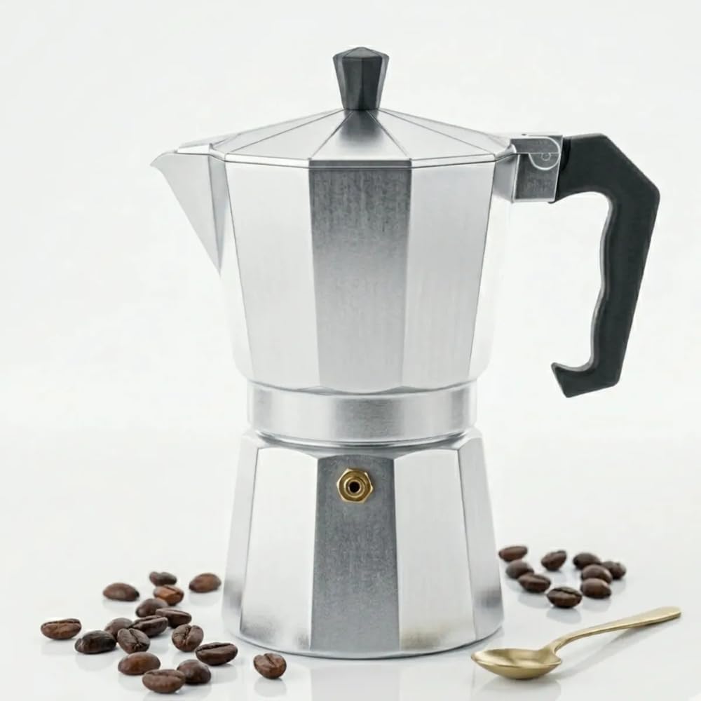 Cafeteira Italiana Premium em alumínio polido, café expresso autêntico, segura Cafeteira Italiana Premium em alumínio polido, café expresso autêntico, segura e compatível com gás, elétrico e vitrocerâmico.