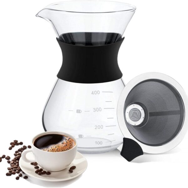 Cafeteira de vidro 400ml com coador para uso doméstico, prática e ideal para preparar café no dia a dia.