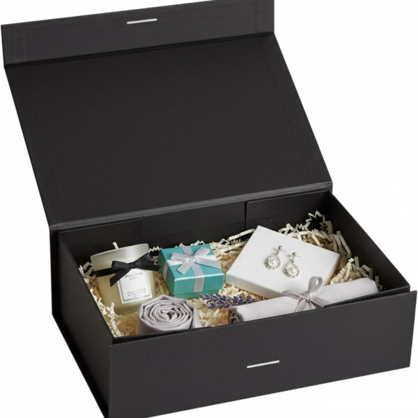 Caixa de Presente Premium Rígida com fecho magnético e fita, luxo reutilizável para presentes e eventos, preta, 24x17x10cm.