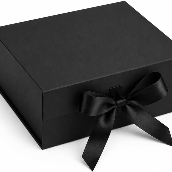 Caixa de Presente Premium rígida com fechamento magnético e laço de cetim preto: luxo, proteção e elegância para presentes especiais.