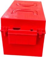 Caixa de bateria para bicicleta elétrica vermelha, resistente à poeira e água, com alça dobrável e fácil transporte.