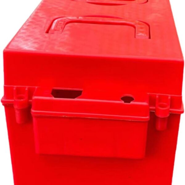 Caixa de bateria para bicicleta elétrica vermelha, resistente à poeira e água, com alça dobrável e fácil transporte.
