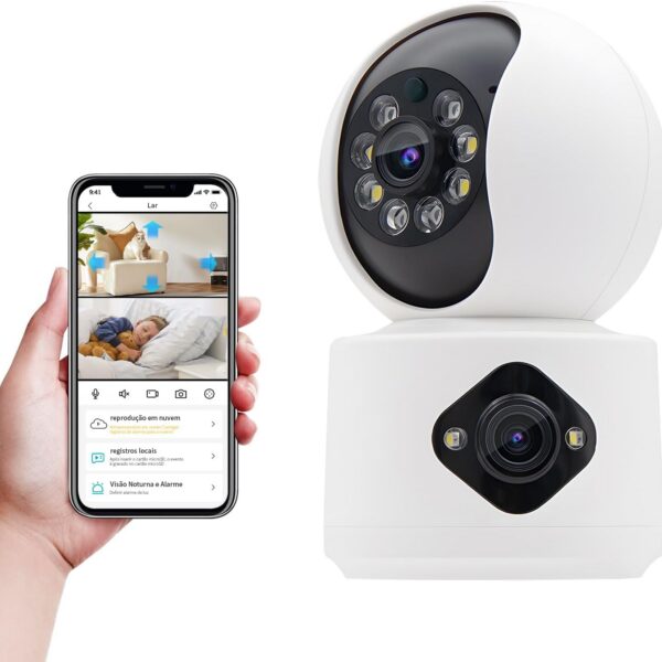 Câmera IP WiFi Interna 4MP: lente dupla, visão noturna, áudio bidirecional e detecção de pessoas e pets.