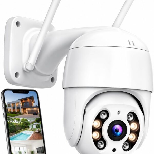 Câmera de Segurança Wi-Fi Externa A8 1080p PTZ 360° com visão noturna colorida e áudio bidirecional para proteção completa externa.