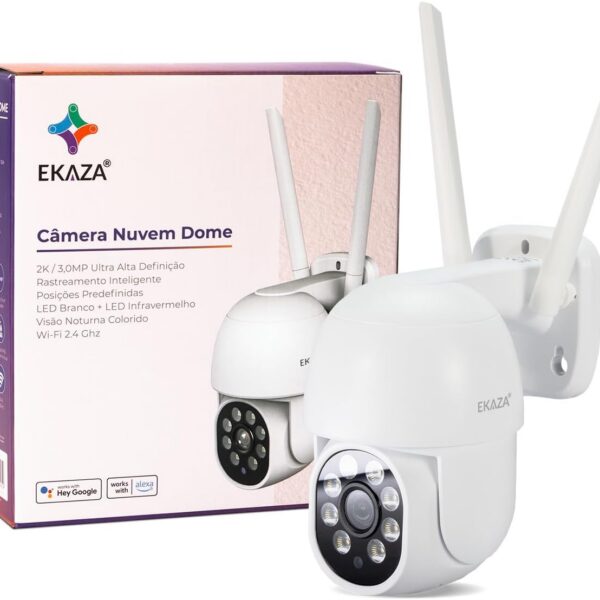 Câmera externa EKAZA WiFi com visão ampla, áudio bidirecional e detecção de movimento, compatível com Alexa e Google Assistant