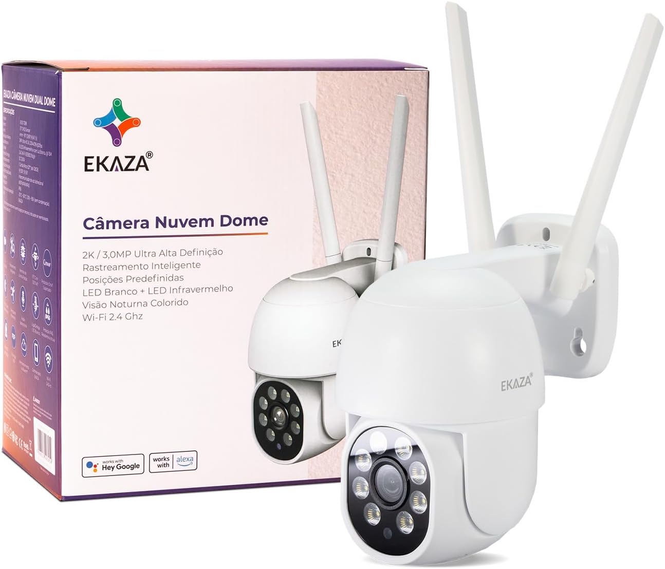 Câmera externa EKAZA WiFi com visão ampla, áudio bidirecional e Câmera externa EKAZA WiFi com visão ampla, áudio bidirecional e detecção de movimento, compatível com Alexa e Google Assistant