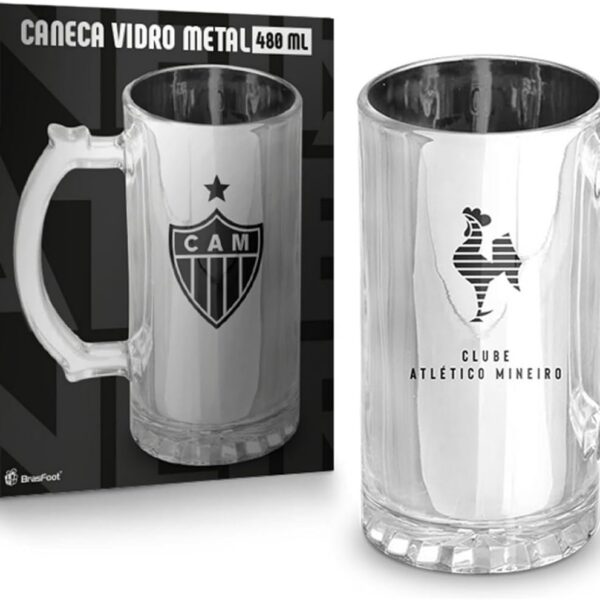 Caneca Chopp Galo 480ml licenciada, preta com detalhes prata, ideal para chopp e presente perfeito para torcedores.