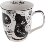 Caneca Karma Presentes 473 ml boho preta e branca com gato, ideal para café e chá, resistente e lavável