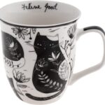 Caneca Karma Presentes 473 ml boho preta e branca com gato, ideal para café e chá, resistente e lavável