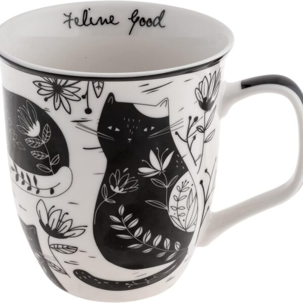 Caneca Karma Presentes 473 ml boho preta e branca com gato, ideal para café e chá, resistente e lavável