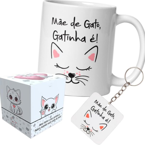 Caneca Mãe de Gato 325ml com caixinha e chaveiro: presente criativo, personalizado e premium para quem ama gatos.