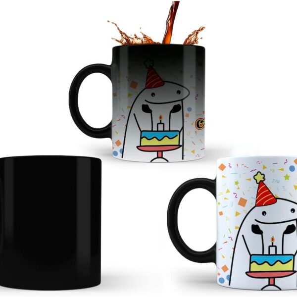 Caneca Mágica Flork Feliz Aniversário 325ml: presente criativo termossensível que revela o meme com bebidas quentes.
