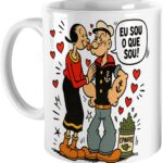Caneca Popeye e Olívia 1929 de porcelana 325 ml com estampa HD, ideal para presente nostálgico e uso diário.
