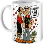 Caneca Popeye e Olívia 1929 de porcelana 325 ml com estampa HD, ideal para presente nostálgico e uso diário.