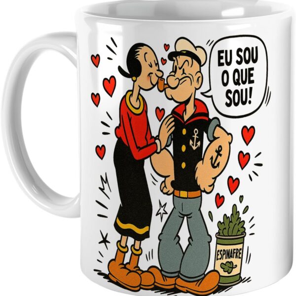Caneca Popeye e Olívia 1929 de porcelana 325 ml com estampa HD, ideal para presente nostálgico e uso diário.