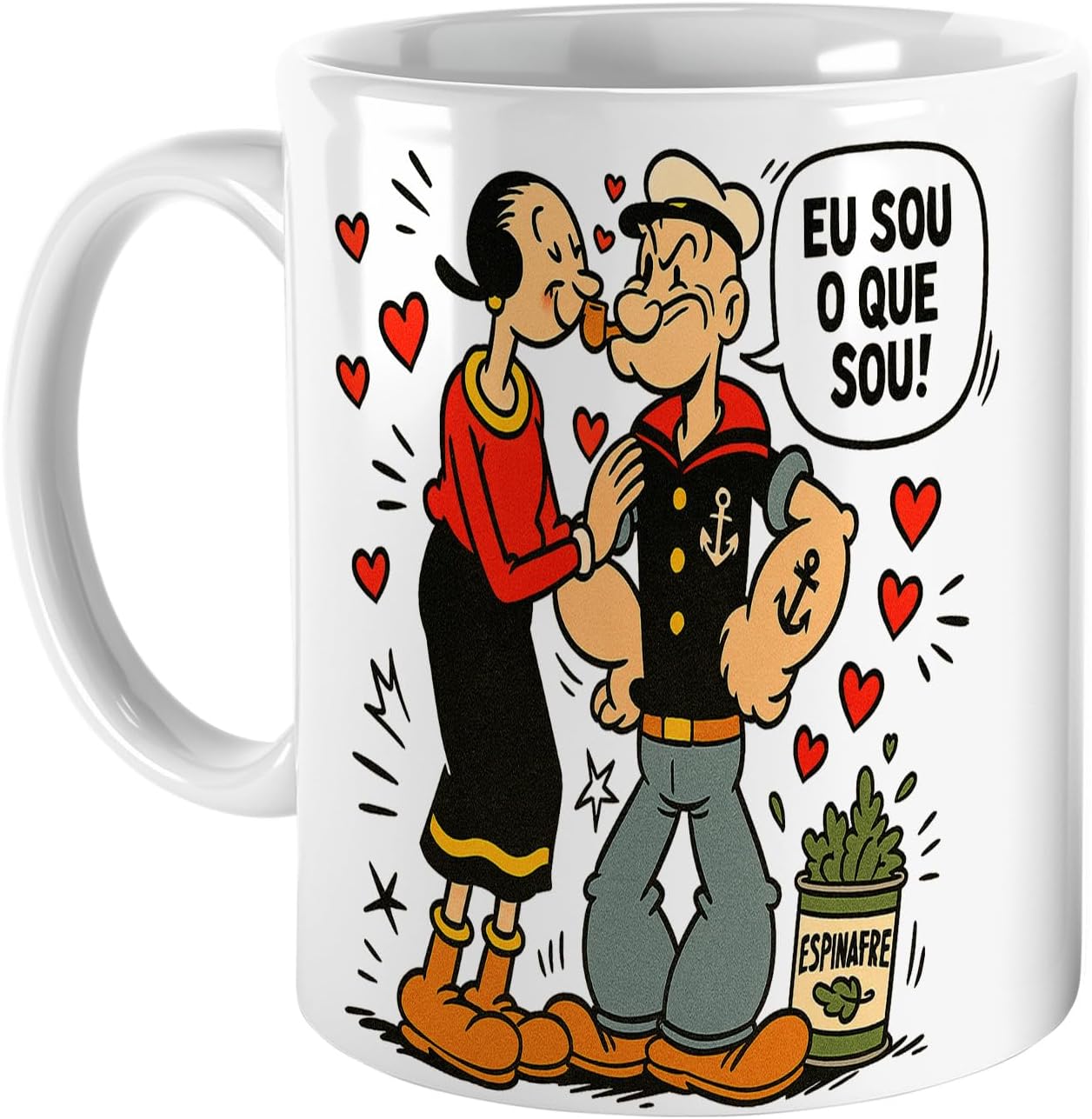 Caneca Popeye e Olívia 1929 de porcelana 325 ml com Caneca Popeye e Olívia 1929 de porcelana 325 ml com estampa HD, ideal para presente nostálgico e uso diário.