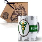 Caneca Profissões Fisioterapia com caixinha: presente ideal, cerâmica premium de 325ml, perfeita para o dia a dia profissional.