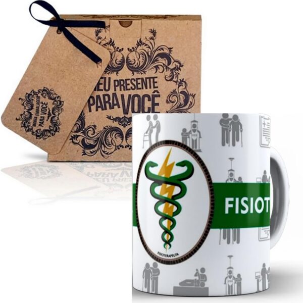 Caneca Profissões Fisioterapia com caixinha: presente ideal, cerâmica premium de 325ml, perfeita para o dia a dia profissional.