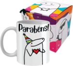 Caneca de Aniversário Flork Meme 325 ml de porcelana com caixinha: presente criativo, premium e seguro para micro-ondas.