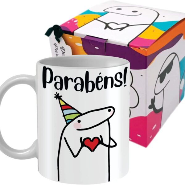 Caneca de Aniversário Flork Meme 325 ml de porcelana com caixinha: presente criativo, premium e seguro para micro-ondas.
